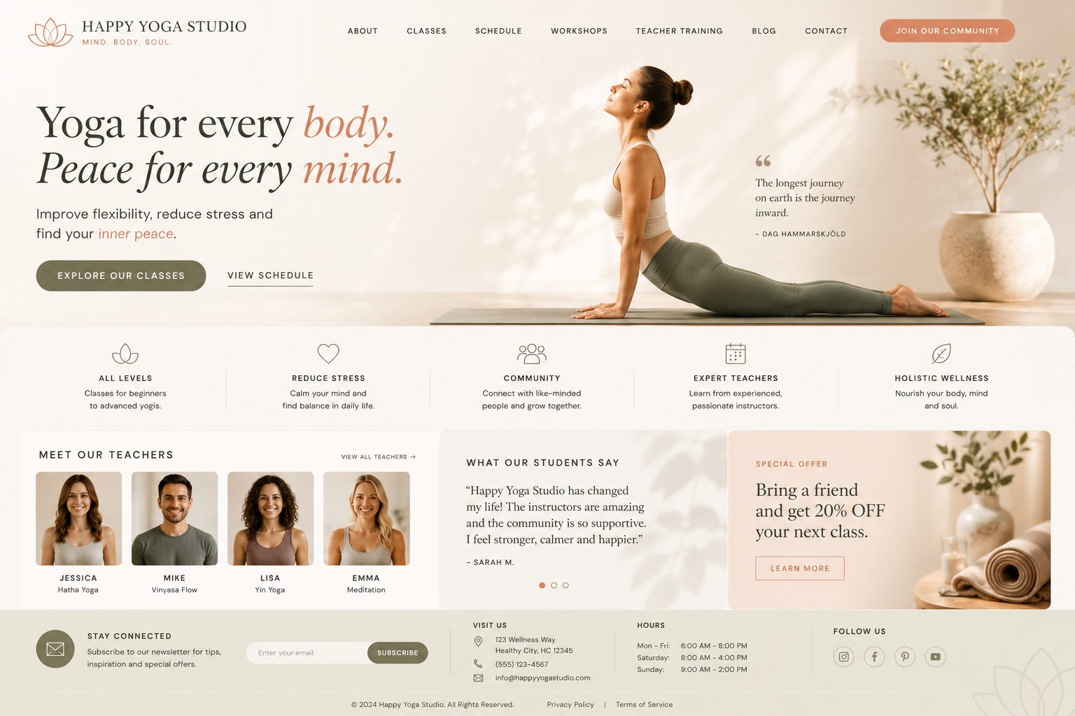 Premium yoga website after redesign with calming spacious luxury wellness design
