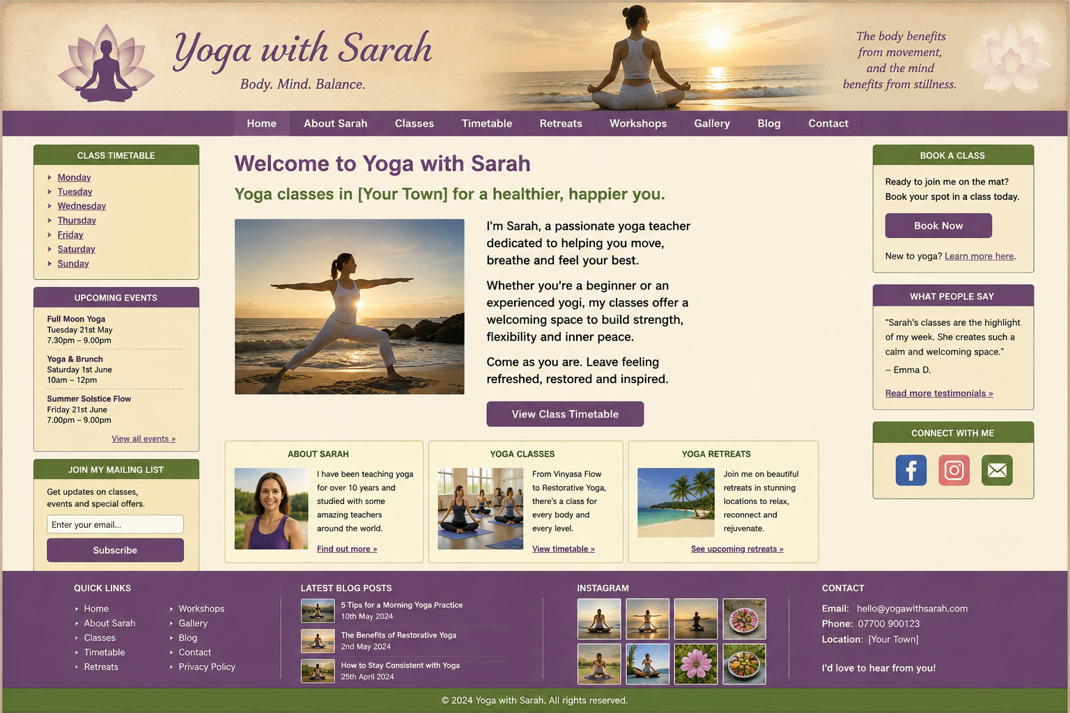 Outdated yoga teacher website design with cluttered layout, small typography, dated wellness imagery, poor mobile responsiveness and unclear booking structure.