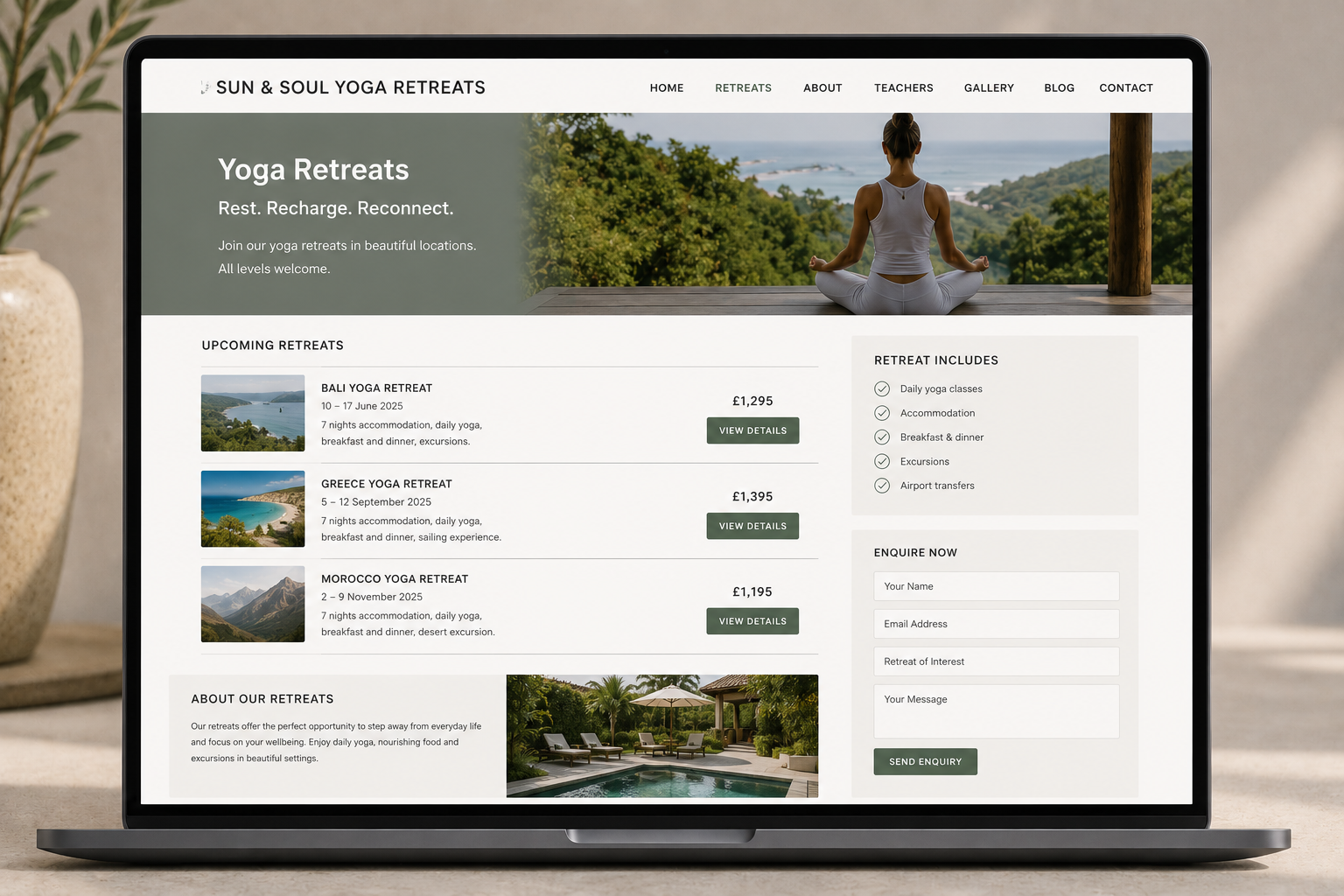 Basic yoga retreat website design with cluttered layout, weak storytelling, unclear retreat structure and minimal emotional atmosphere.