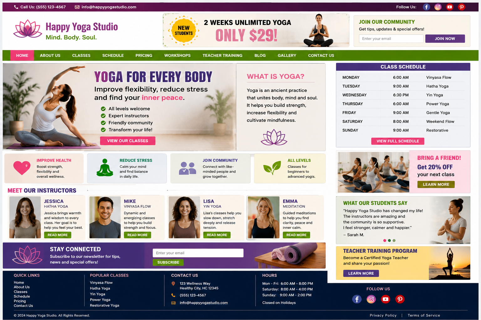 Cluttered yoga website before redesign with confusing layout and overwhelming content