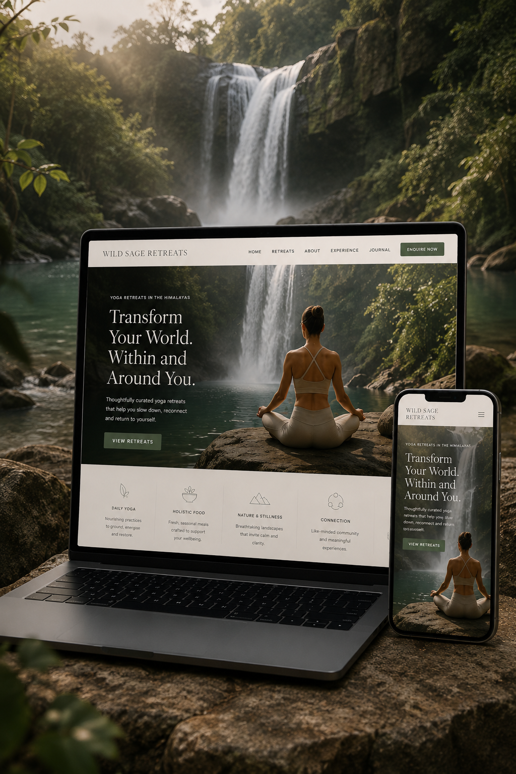 Immersive yoga retreat website with cinematic wellness atmosphere.