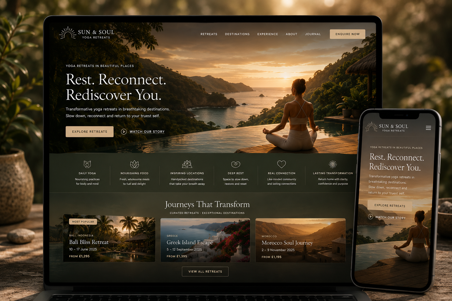 Premium yoga website redesign with calm cinematic editorial layout.