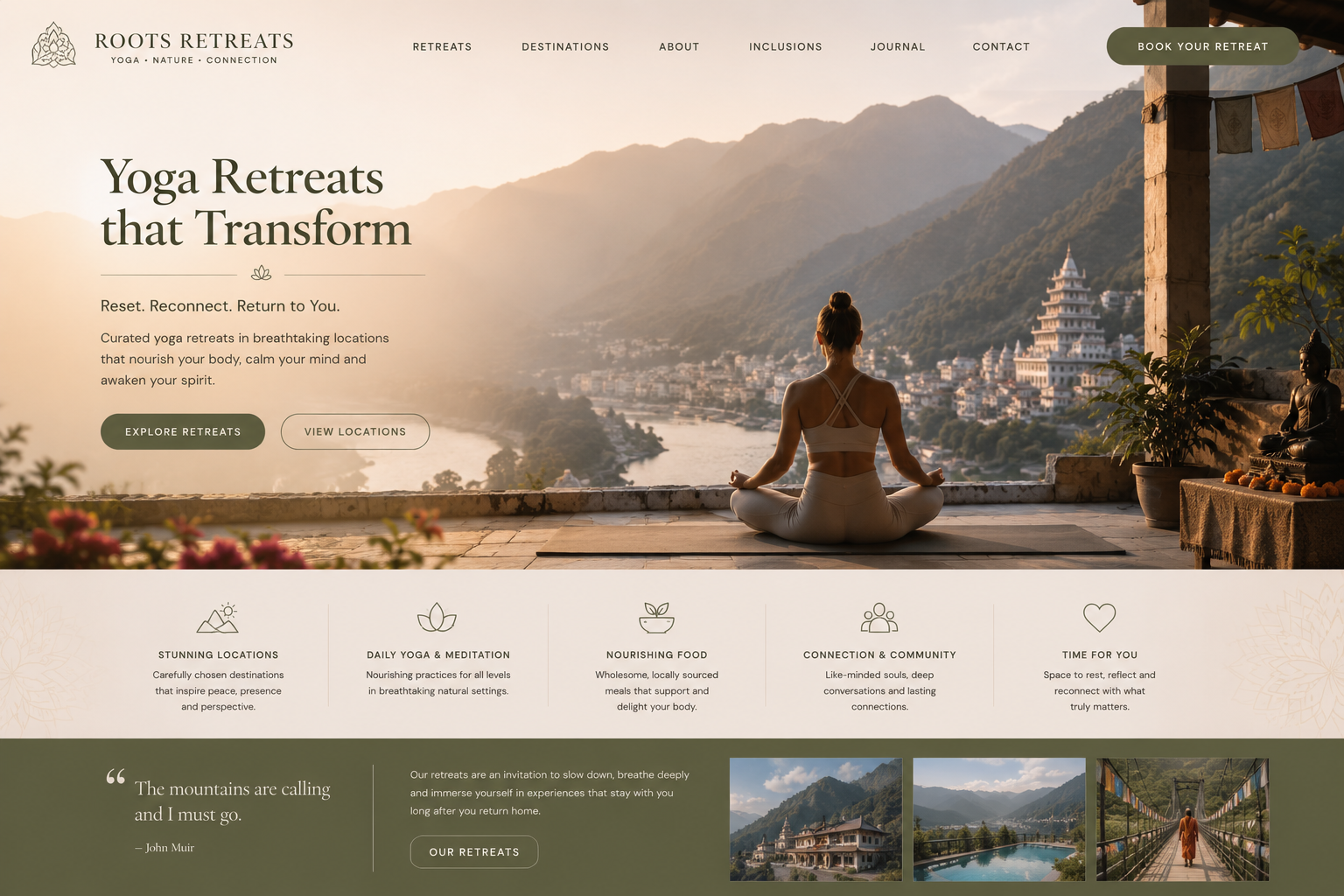 Luxury yoga retreat website homepage with mountain landscape and wellness-inspired design