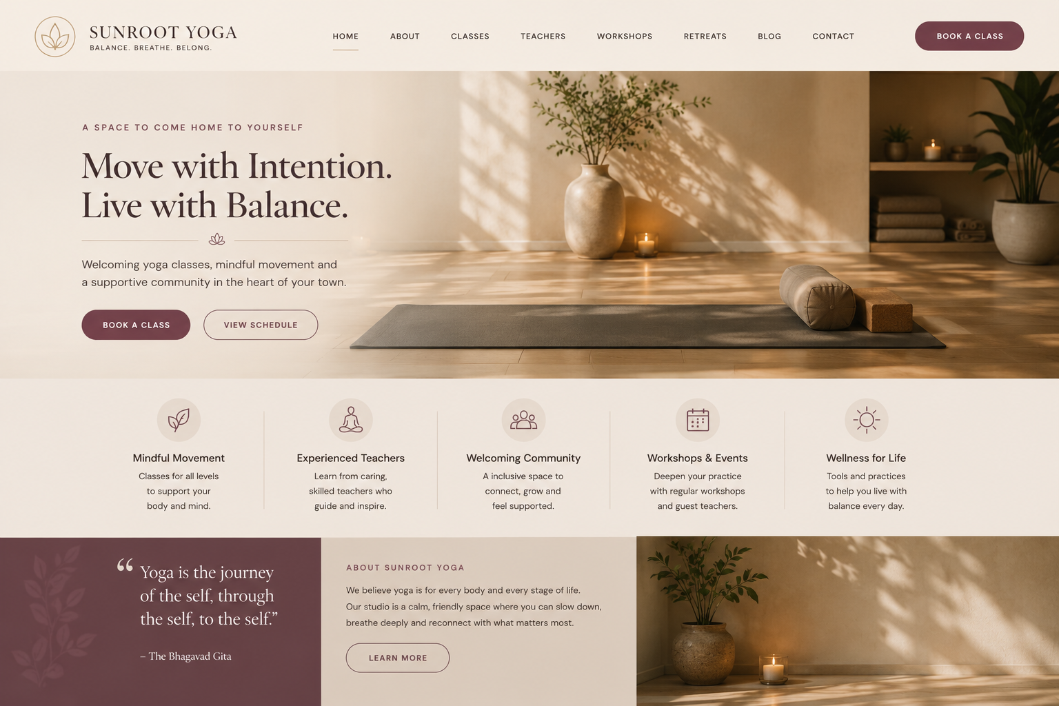Luxury yoga studio website homepage with calming wellness-inspired design