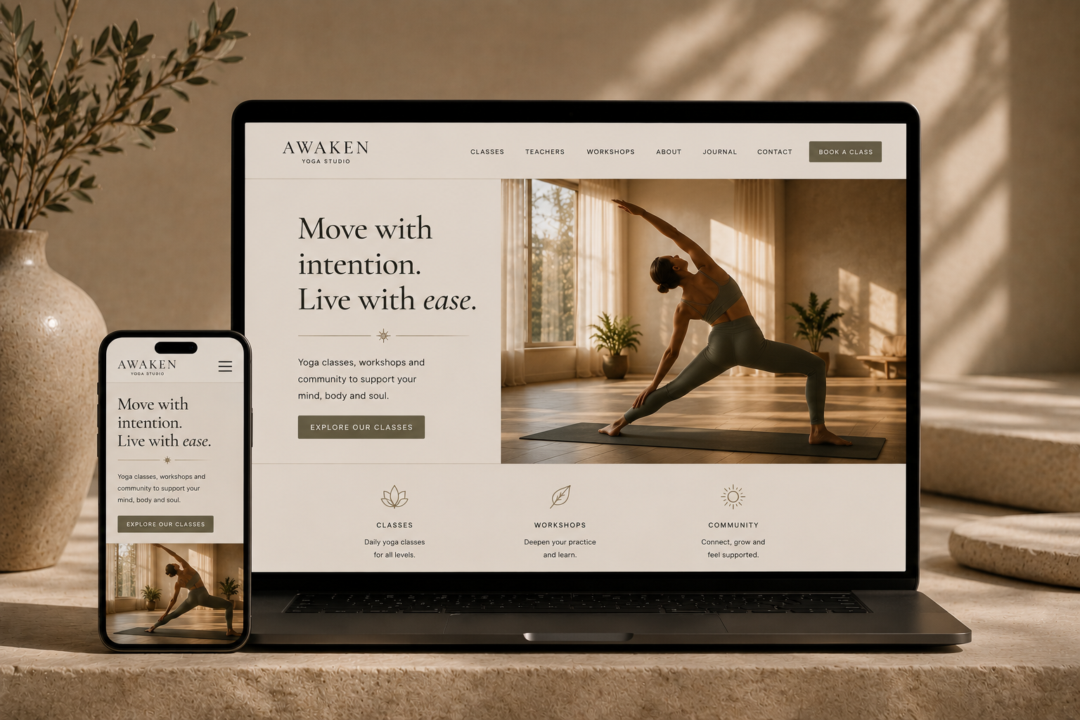 Luxury yoga studio website displayed on laptop and mobile devices