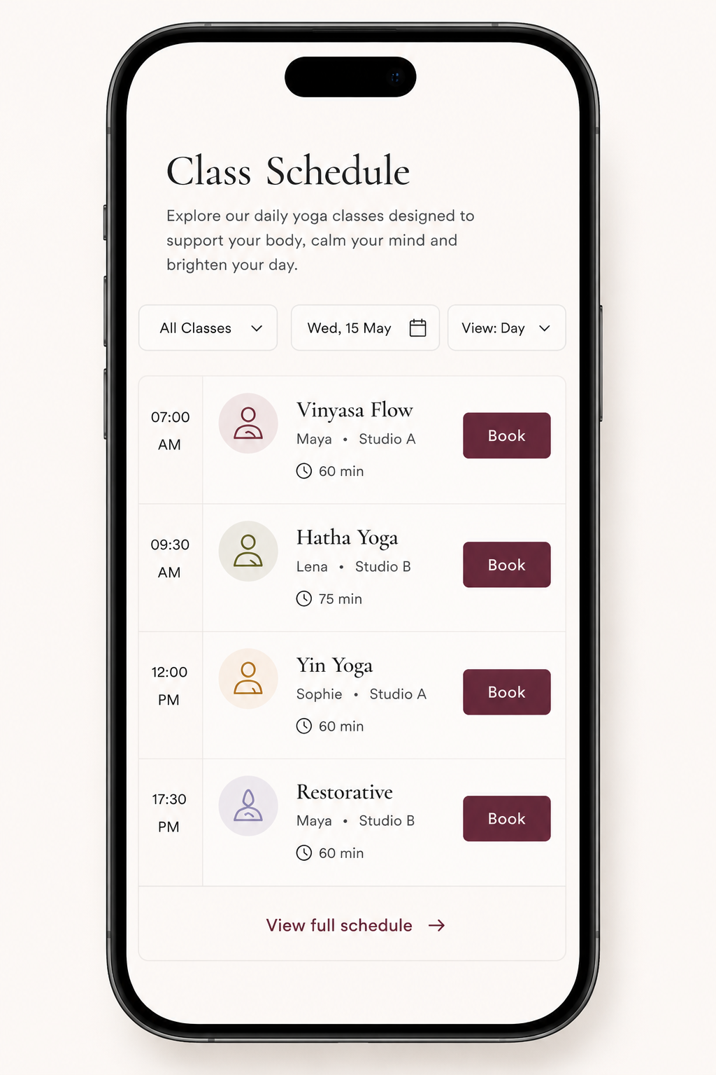 Minimal mobile yoga class schedule interface displayed on a smartphone with elegant wellness-inspired booking design, soft neutral colours and premium yoga studio styling.