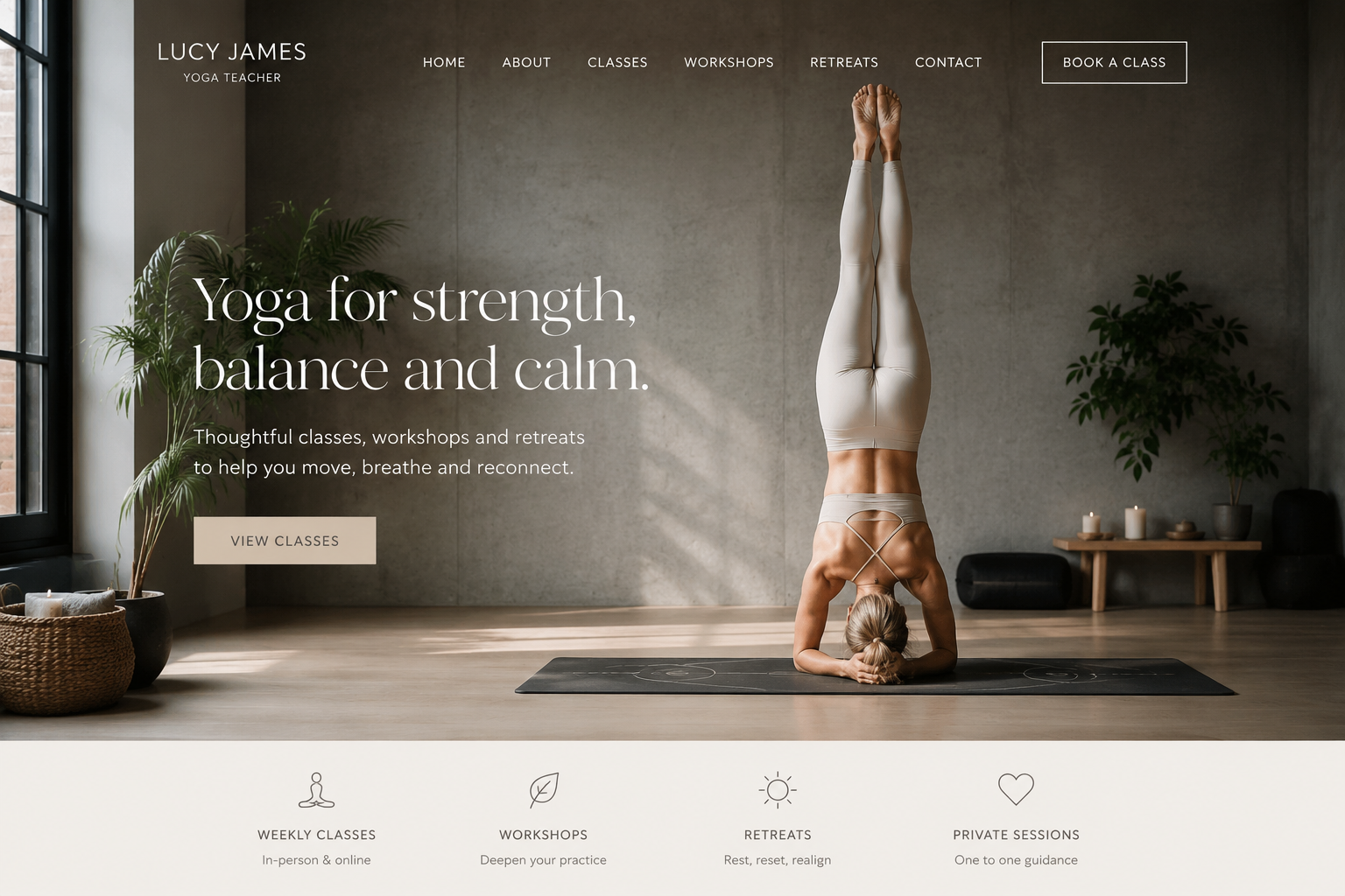 Modern yoga teacher website hero section featuring a blonde woman performing a headstand in a calm minimalist yoga studio with premium editorial web design.