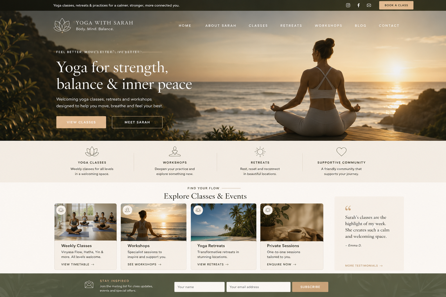 Premium yoga teacher website redesign with calm editorial wellness design.