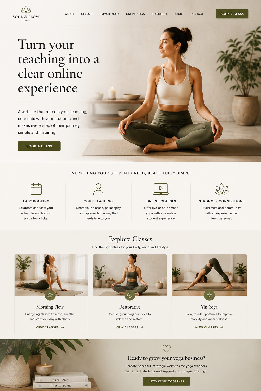 Luxury yoga teacher website homepage with calming editorial wellness design